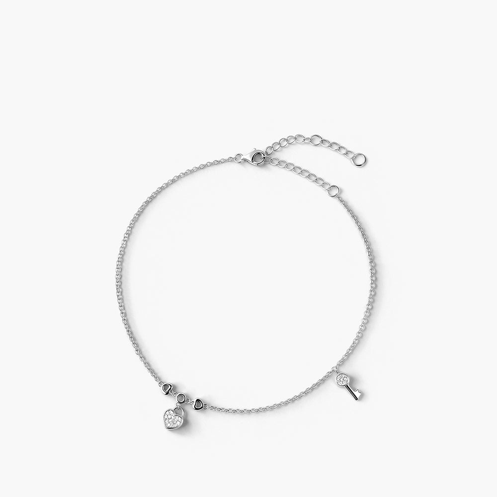 Heart & Key Platinum Plated 925 Sterling Silver Anklet