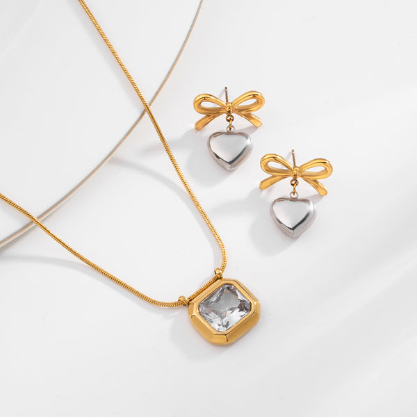 Octagon Diamond Necklace & Bi-metal Wrapped With Love Earrings Combo Set