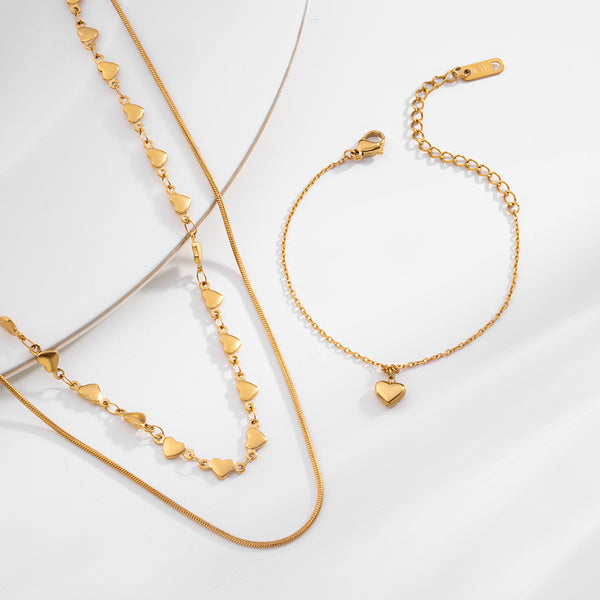 Love Embrace Two Layered Necklace & Cute Heart Bracelet Combo Set