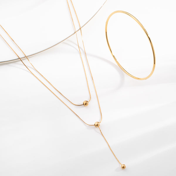 Drop Bead Necklace & Round Wire Bangle Bracelet Combo Set