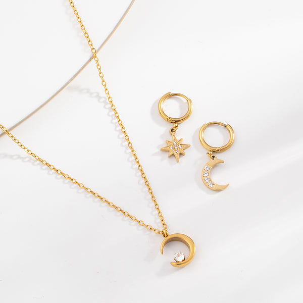 Moon Charm Necklace & Studded Star Moon Hoop Earrings Combo Set