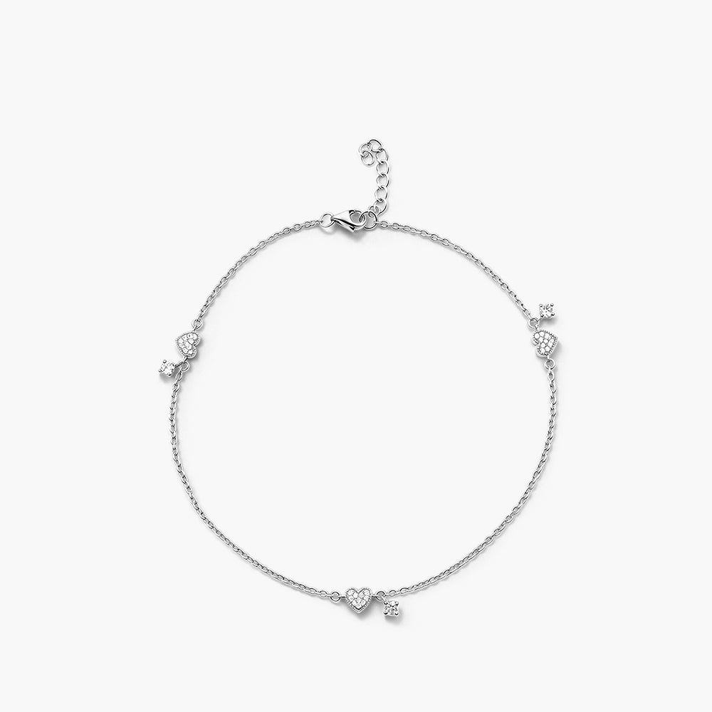 Crystal Heart Platinum Plated 925 Sterling Silver Anklet