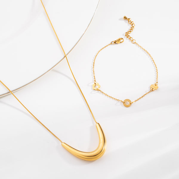 Golden Boomerang Necklace & Dainty Flower Bracelet Combo Set