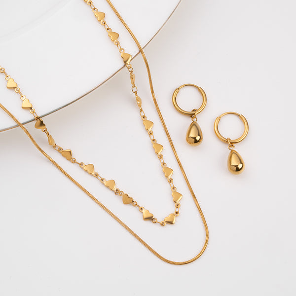 Love Embrace Two Layered Necklace & Waterdrop Hoop Earrings Combo Set