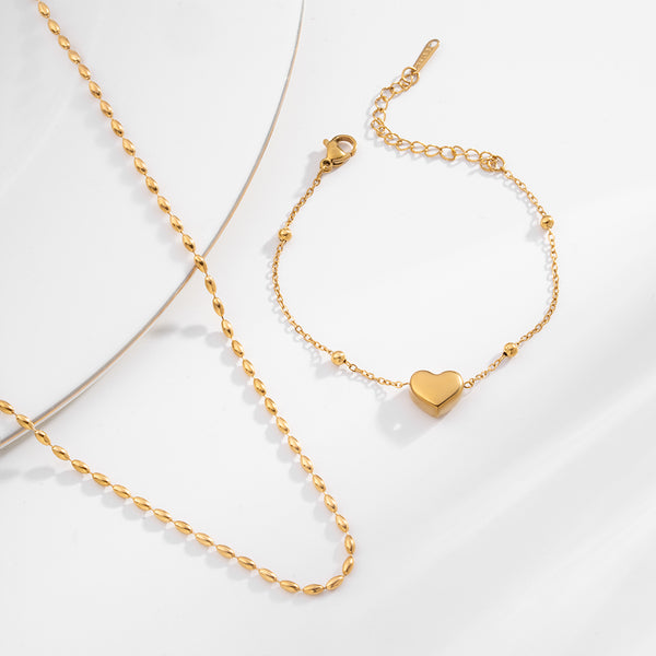 Gold Beaded Necklace & Heart Charm Bracelet Combo Set