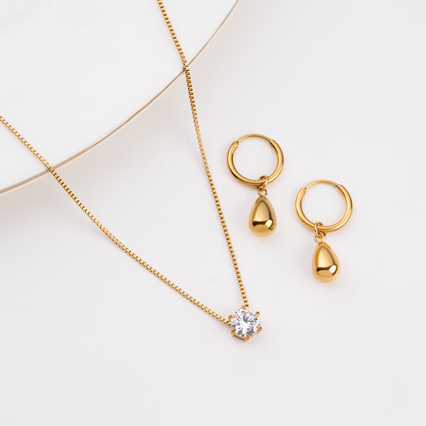 Round Solitaire Necklace & Waterdrop Hoop Earrings Combo Set