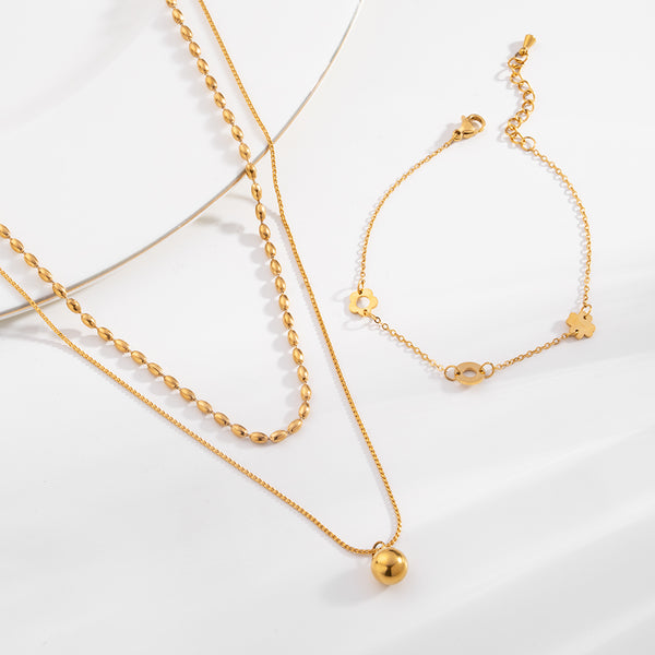 Two-Layered Bead Necklace & Dainty Flower Bracelet Combo Set