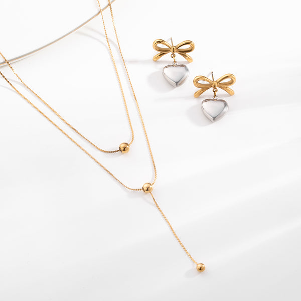 Drop Bead Necklace & Bi-metal Wrapped With Love Earrings Combo Set