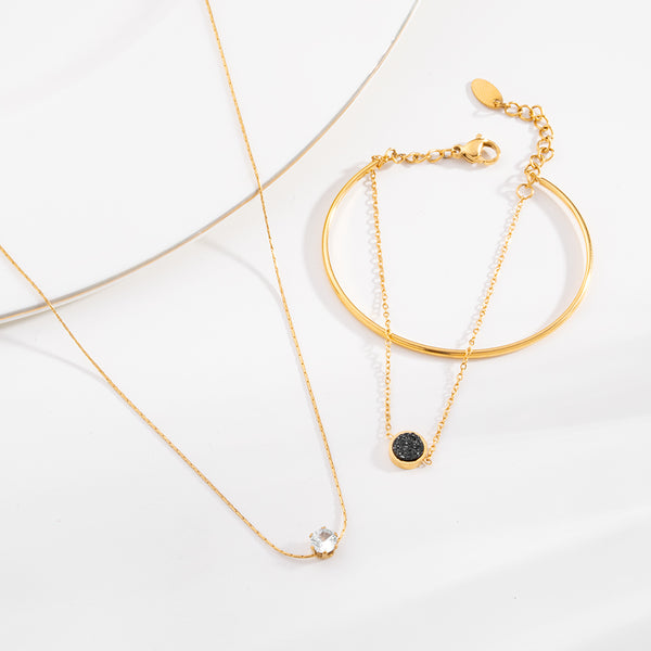 Delicate Diamond Studded Necklace & Double Layer Stone Cuff Bracelet Combo Set