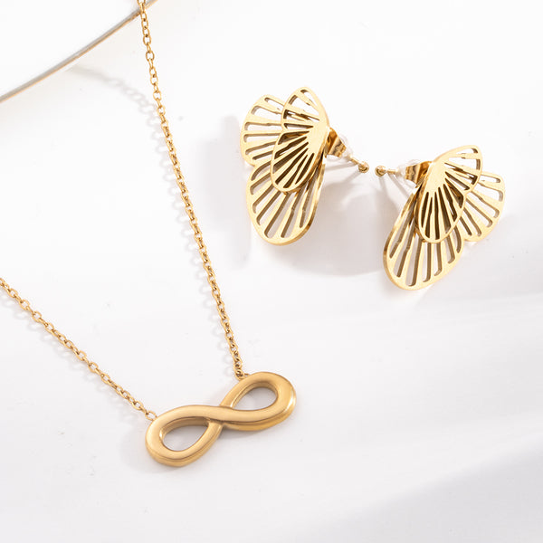 Golden Infinity Necklace & Butterfly Wing Stud Earrings Combo Set
