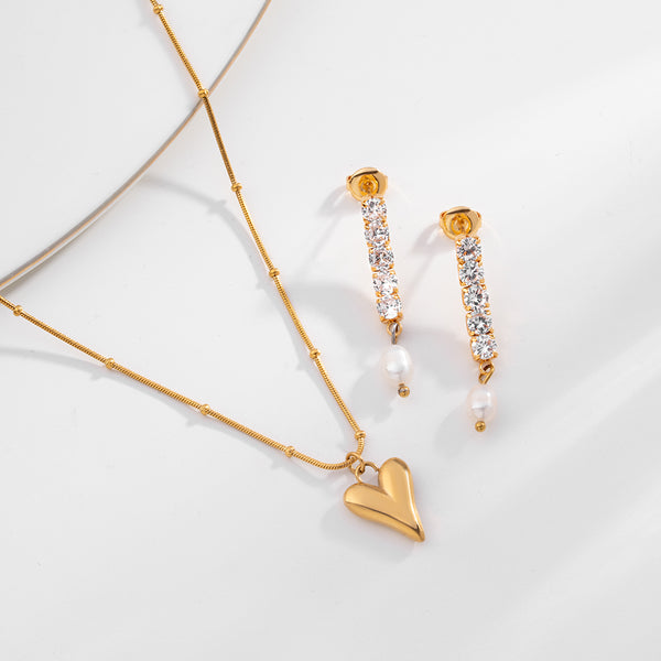 Heart Ball Chain Pendant & Pearl Drop Diamond Earrings Combo Set