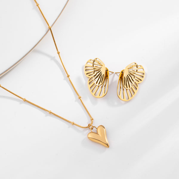 Heart Ball Chain Pendant & Butterfly Wing Stud Earrings Combo Set