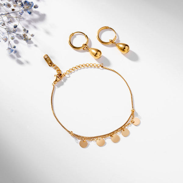 Tiny Plates Bracelet & Waterdrop Hoop Earrings Combo Set