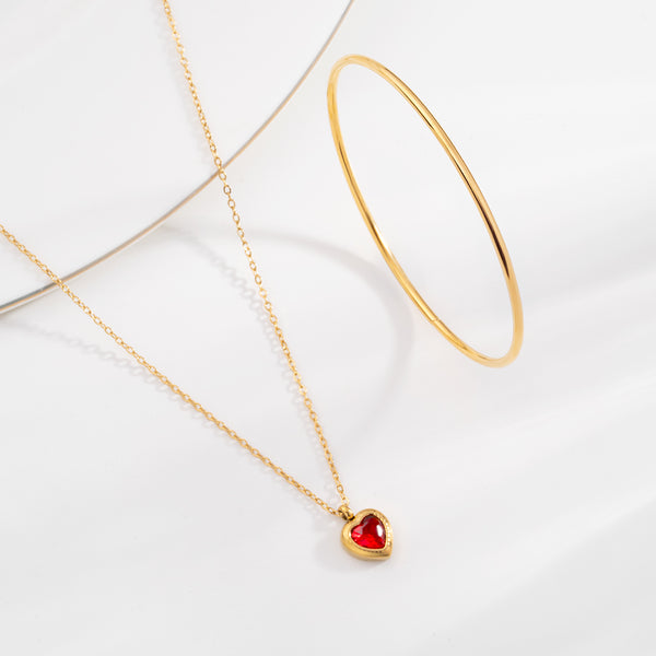 Red Emerald Heart Pendant Necklace & Round Wire Bangle Bracelet Combo Set