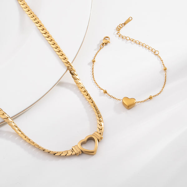 Cuban Chain Hollow Heart Necklace & Heart Charm Bracelet Combo Set