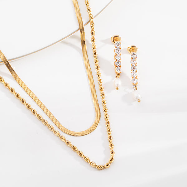 Rope N Snake Chain & Pearl Drop Diamond Earrings Combo Set