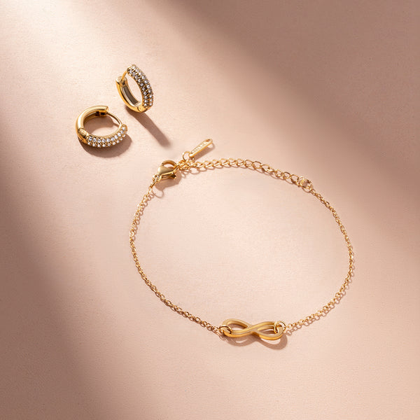 Infinity Charm Bracelet & Diamond Huggie Hoop Earrings Combo Set