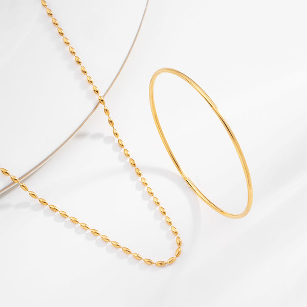 Gold Beaded Necklace & Round Wire Bangle Bracelet Combo Set