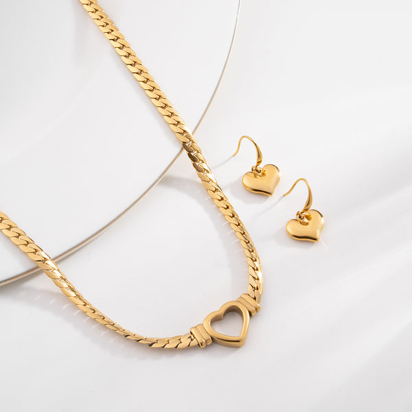 Cuban Chain Hollow Heart Necklace & Dangling Heart Earrings Combo Set