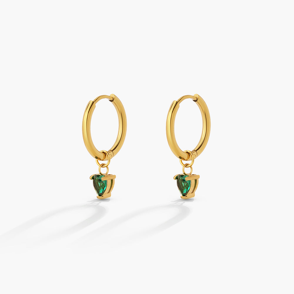 Green Heart Charm Drop Hoop Earrings