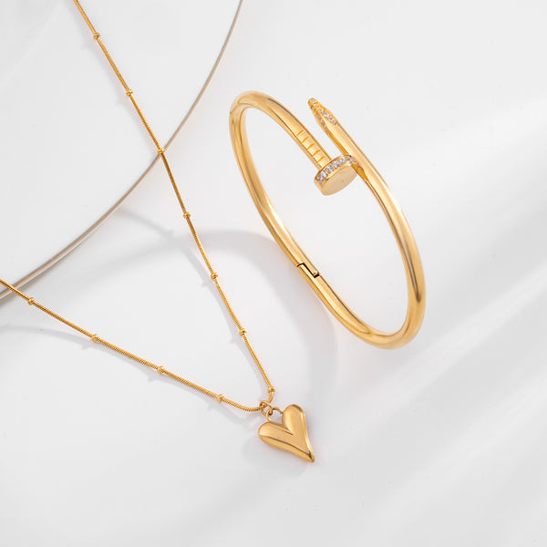 Heart Ball Chain Pendant & Nail Bangle Bracelet Combo Set