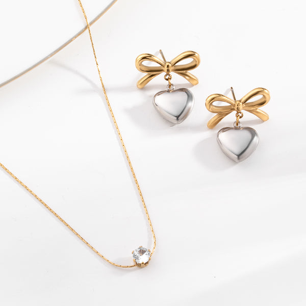 Delicate Diamond Studded Necklace & Bi-metal Wrapped With Love Earrings Combo Set