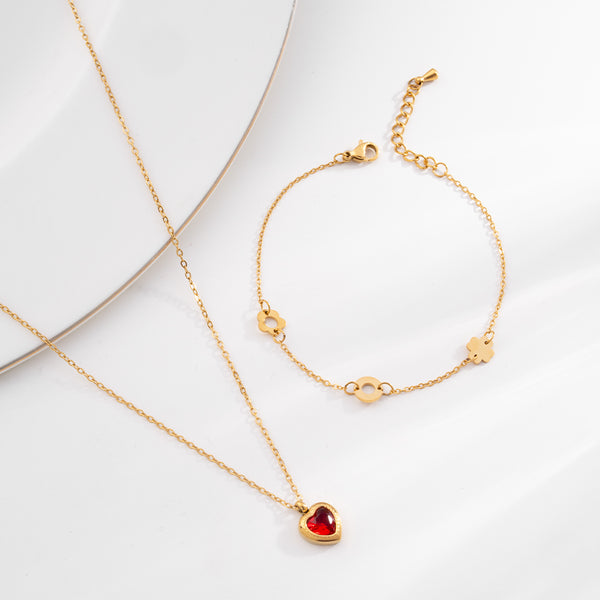 Red Emerald Heart Pendant Necklace & Dainty Flower Bracelet Combo Set