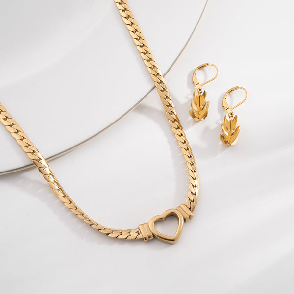 Cuban Chain Hollow Heart Necklace & Golden Tulip Earrings Combo Set