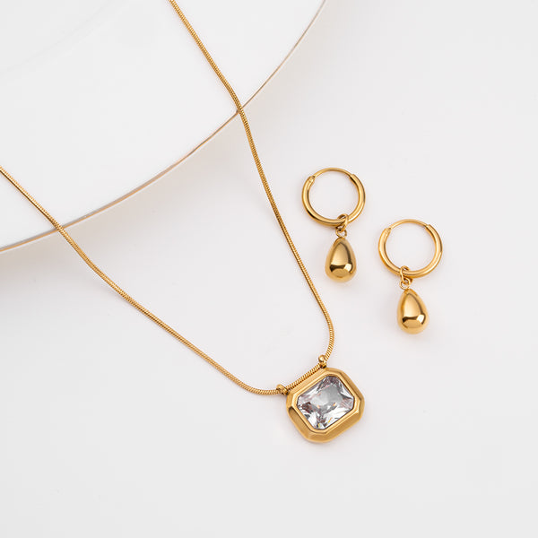 Octagon Diamond Necklace & Waterdrop Hoop Earrings Combo Set