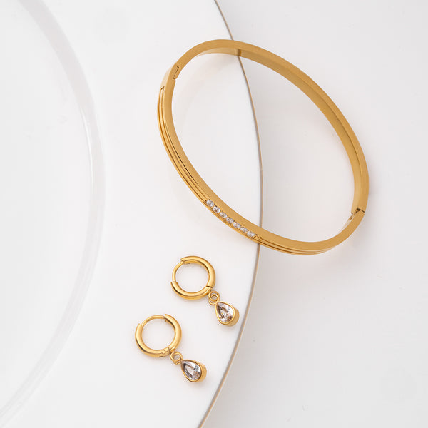 Diamond Allure Bangle Bracelet & Solitaire Drop Hoop Earrings Combo Set