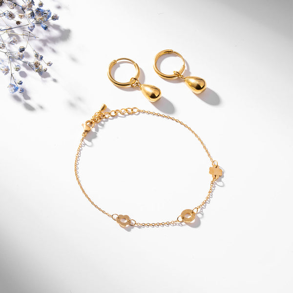 Dainty Flower Bracelet & Waterdrop Hoop Earrings Combo Set