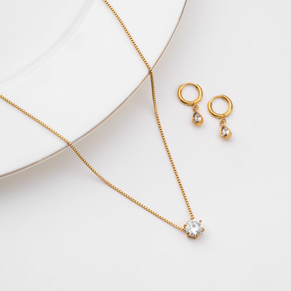 Round Solitaire Necklace & Solitaire Drop Hoop Earrings Combo Set