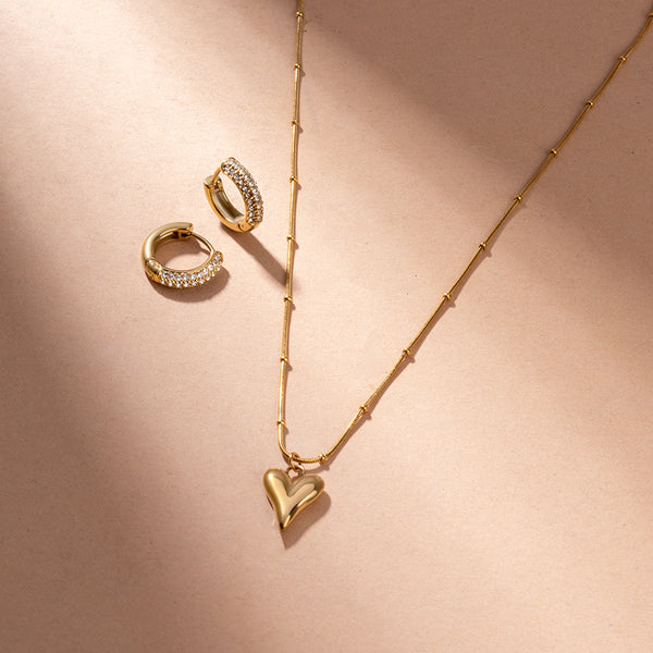 Heart Ball Chain Pendant & Diamond Huggie Hoop Earrings Combo Set