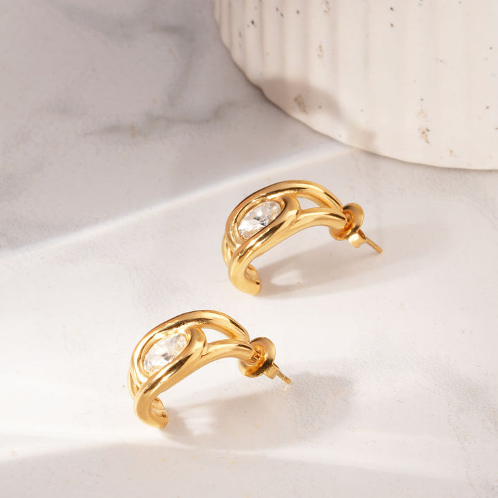 Leaf Stone Half Hoop Earrings-3