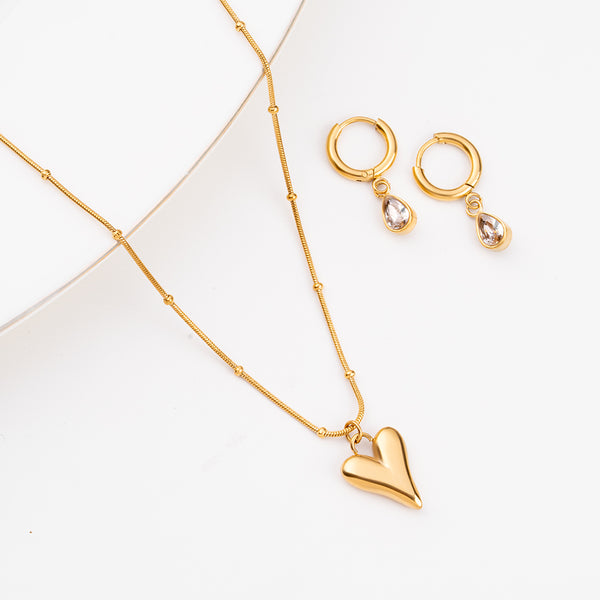 Heart Ball Chain Pendant & Solitaire Drop Hoop Earrings Combo Set