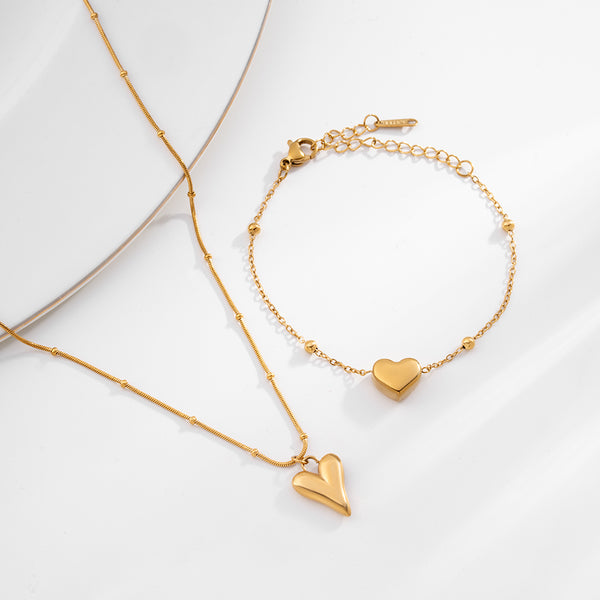 Heart Ball Chain Pendant & Heart Charm Bracelet Combo Set
