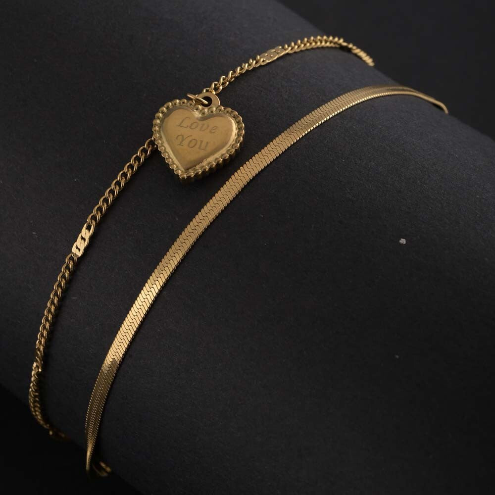 "Love You" Engraved Heart Layered Anklet