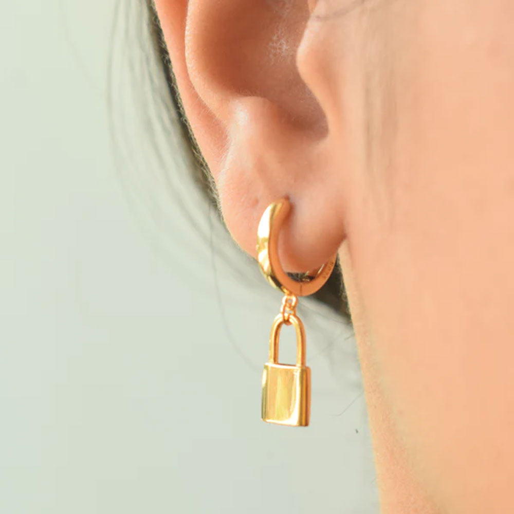 Small Lock Drop Hoop Earrings