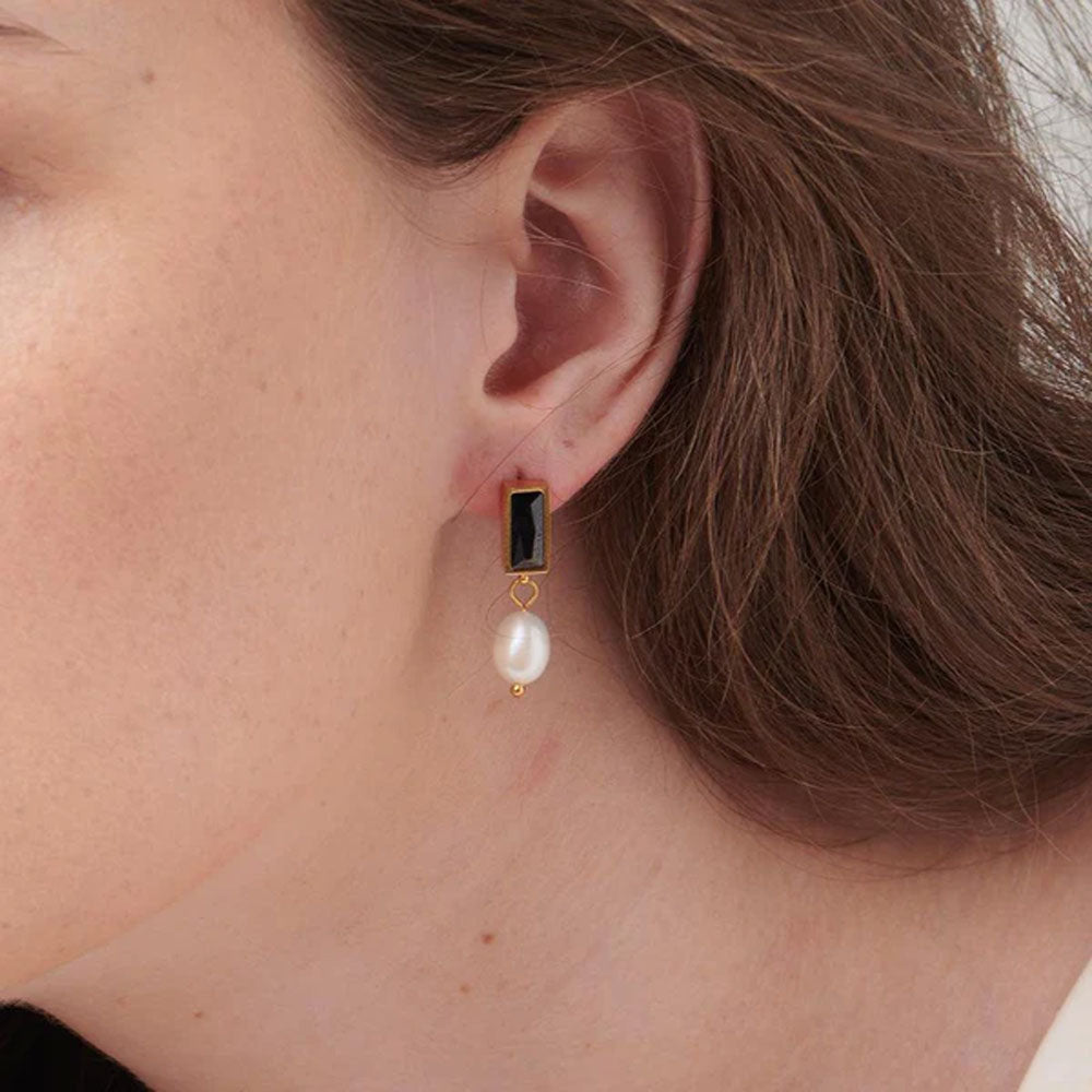 Black Stone Pearl Drop Earrings