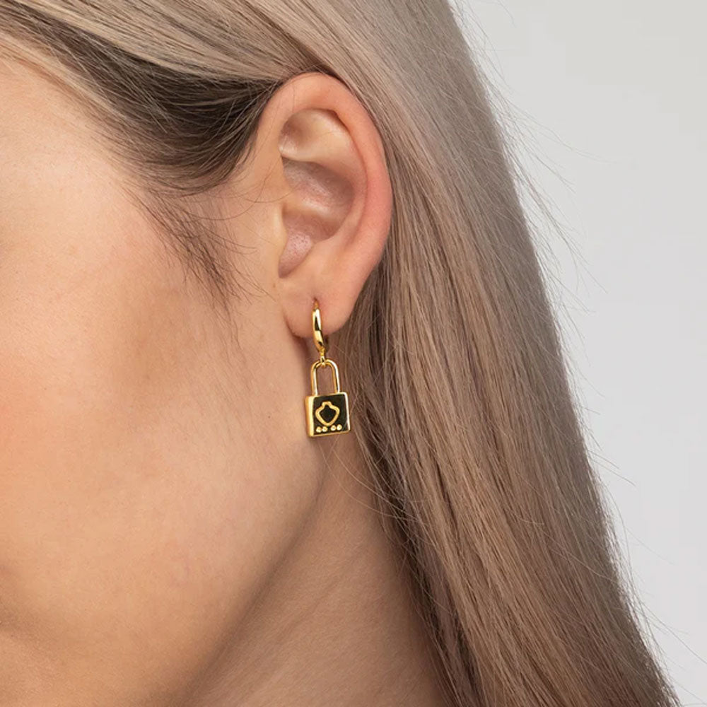Engraved Lock Drop Hoop Earrings