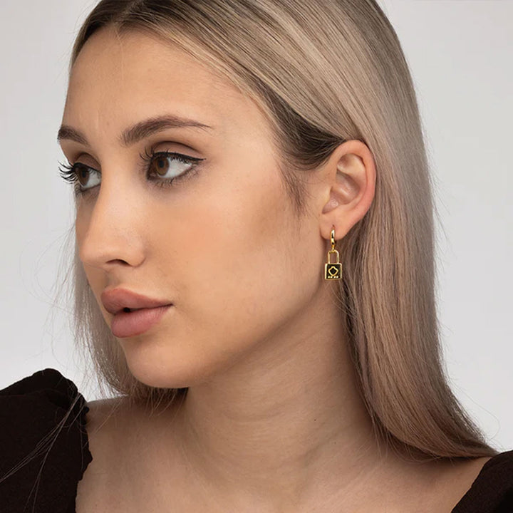 Shop Engraved Lock Hoop Earrings- 18k Gold Plated Palmonas-4