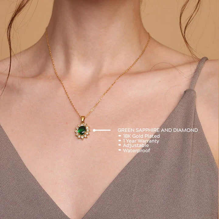 Shop Green Sapphire and Diamond Halo Pendant | 18K Gold Plated Palmonas-3

Statement necklace,Layered necklace,Minimal necklace,Western necklace,Casual necklace,Simple necklace,Modern necklace,Pendant necklace,Office wear necklace,Fashion necklace