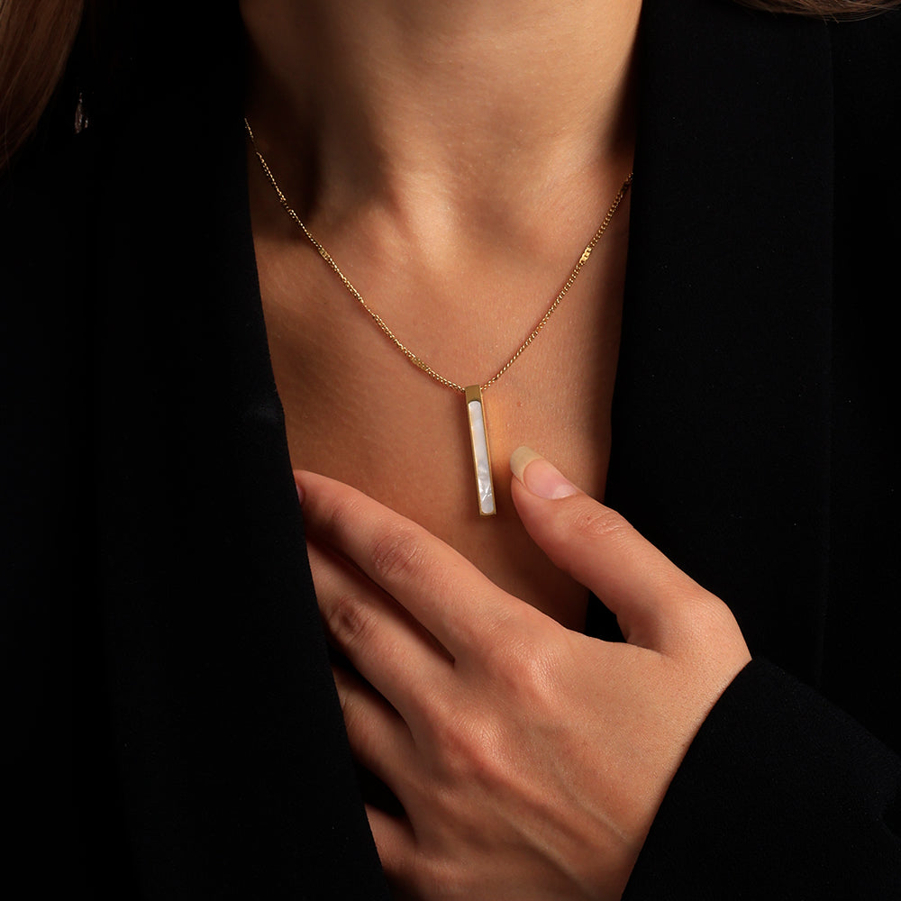 Cuboid Bar White Pearl Enamel Pendant Necklace