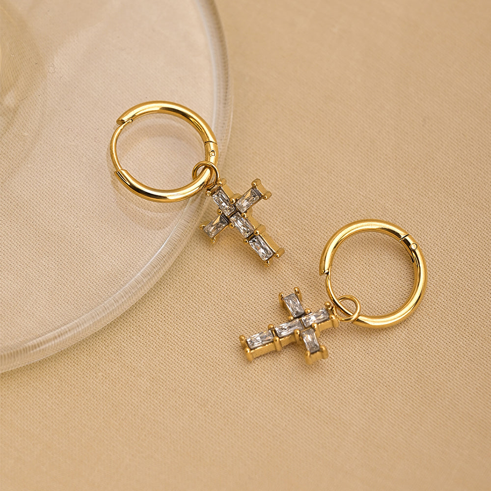 Cross Drop Hoop Earrings