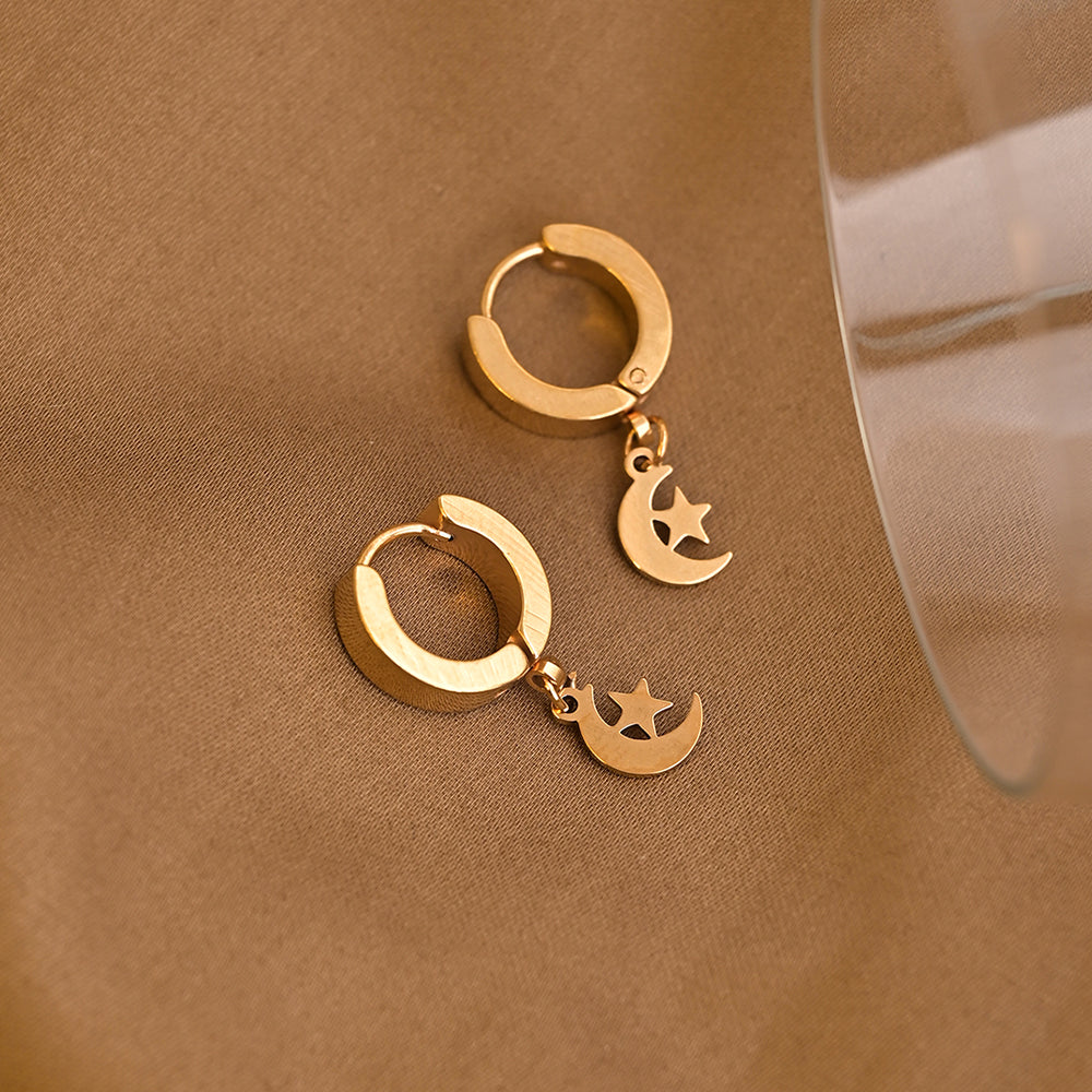 Star Moon Hoop Drop Earrings